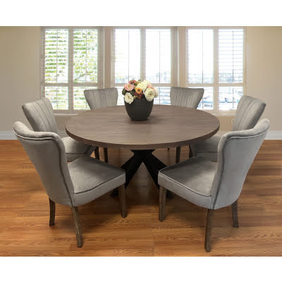 Braxton 7-Piece Dining Set with 60" Round Dining Table and 6 Mink Velvet Chairs