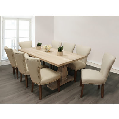 Holmes 9-Piece Dining Set with 81" Distressed White Dining Table and 8 Ivory Linen Chairs