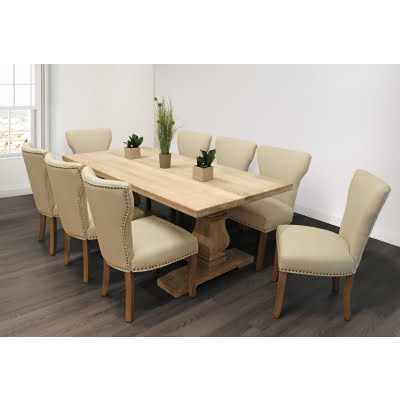 Holmes 9-Piece Dining Set with 81" Distressed White Dining Table and 8 Ivory Linen Natural Chairs