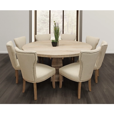 Holmes 9-Piece Dining Set with 70" Round Dining Table And 8 Ivory Linen Chairs with Natural Legs