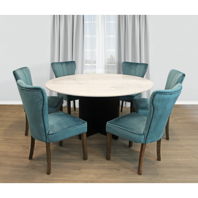 Terrain 7-Piece Dining Set with 60" Round Dining Table and 3 Sets of Teal Clive Chairs