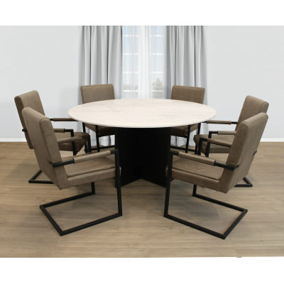 Terrain 7-Piece Dining Set with 60" Round Dining Table and 6 Leather Arm Chairs in Antique Gray