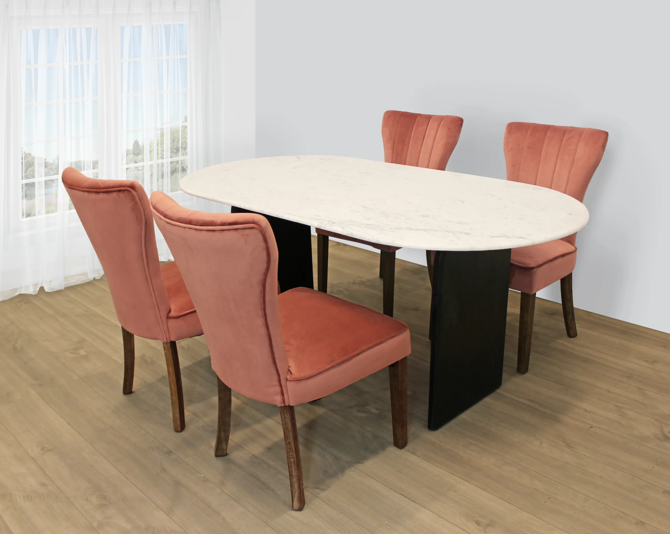 Terrain 7-Piece Dining Set with 72" Round Dining Table and 2 Sets of Blush Clive Chairs