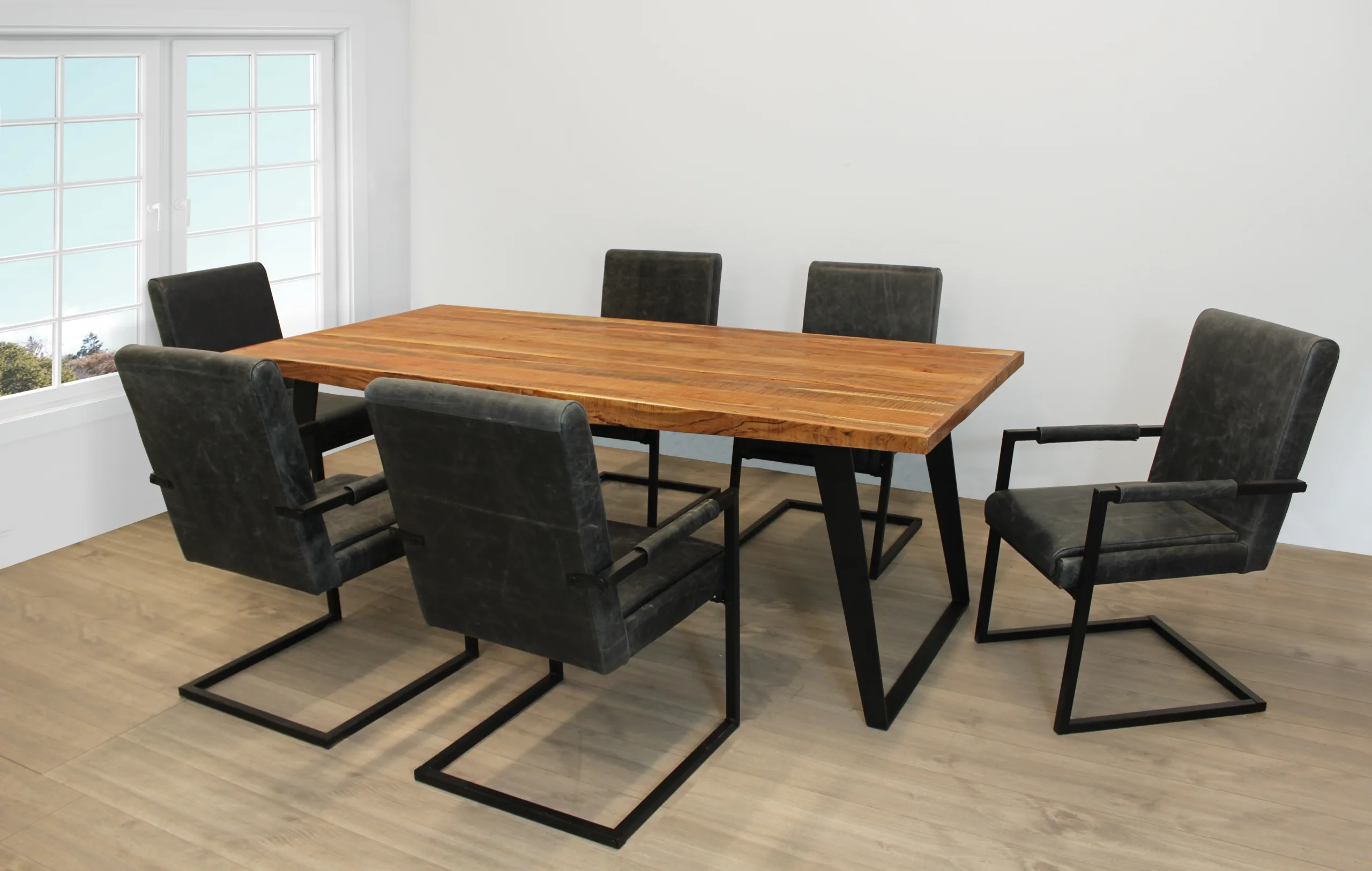 Lakewood 7-Piece Dining Set with 82" Dining Table and 6 Antique Black Leather Chairs