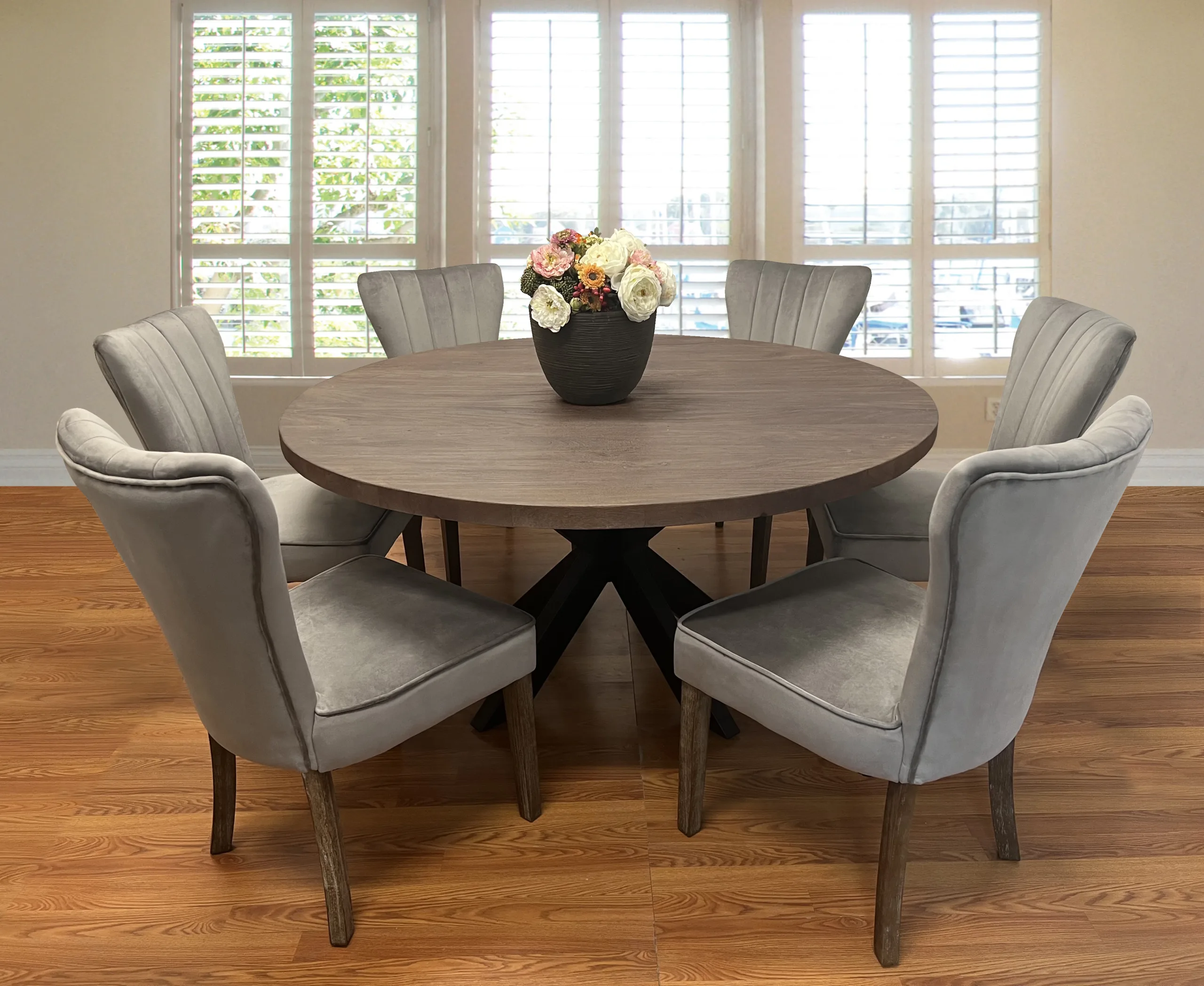 Braxton 7-Piece Dining Set with 72" Round Dining Table and 3 Sets of Clive Mink Chairs