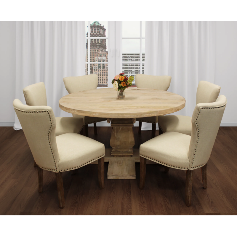 Holmes 7-piece Dining Set with 58" Round Dining Table And 6 Ivory Linen Chairs