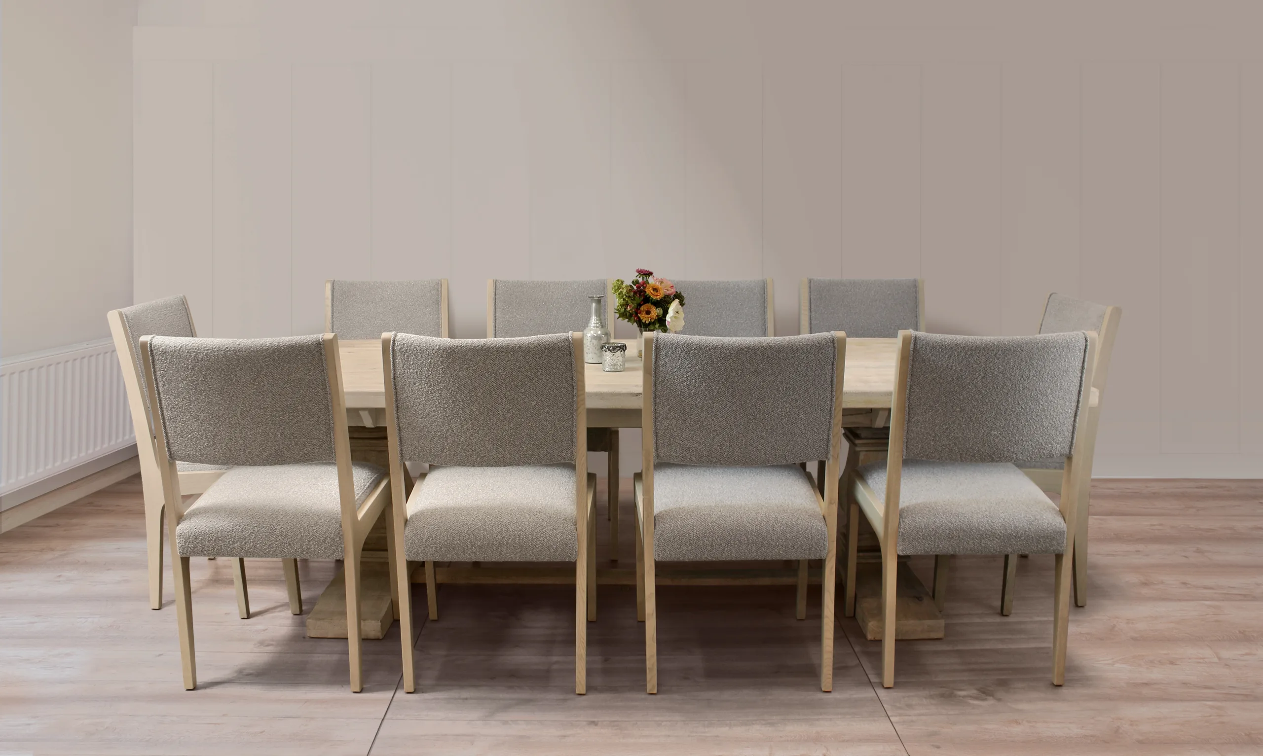 Holmes 11-Piece Extendable Dining Set with 10 Ash Boucle Chairs - Silver