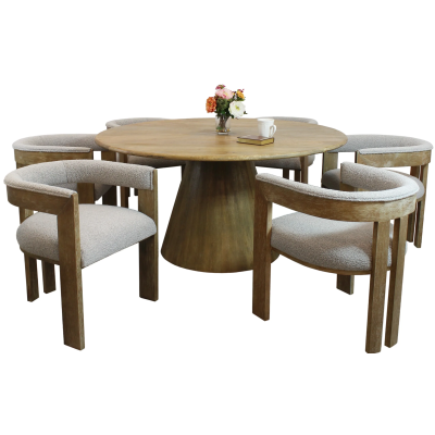 Jade 7-Piece Set with 60” Round Dining Table and 6 Trident Boucle Chairs - Silver