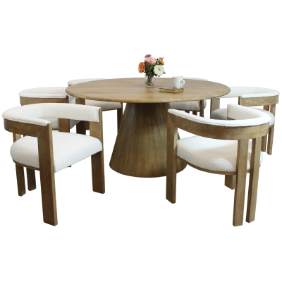 Jade 7-Piece Set with 60” Round Dining Table and 6 Trident Boucle Chairs - Ivory