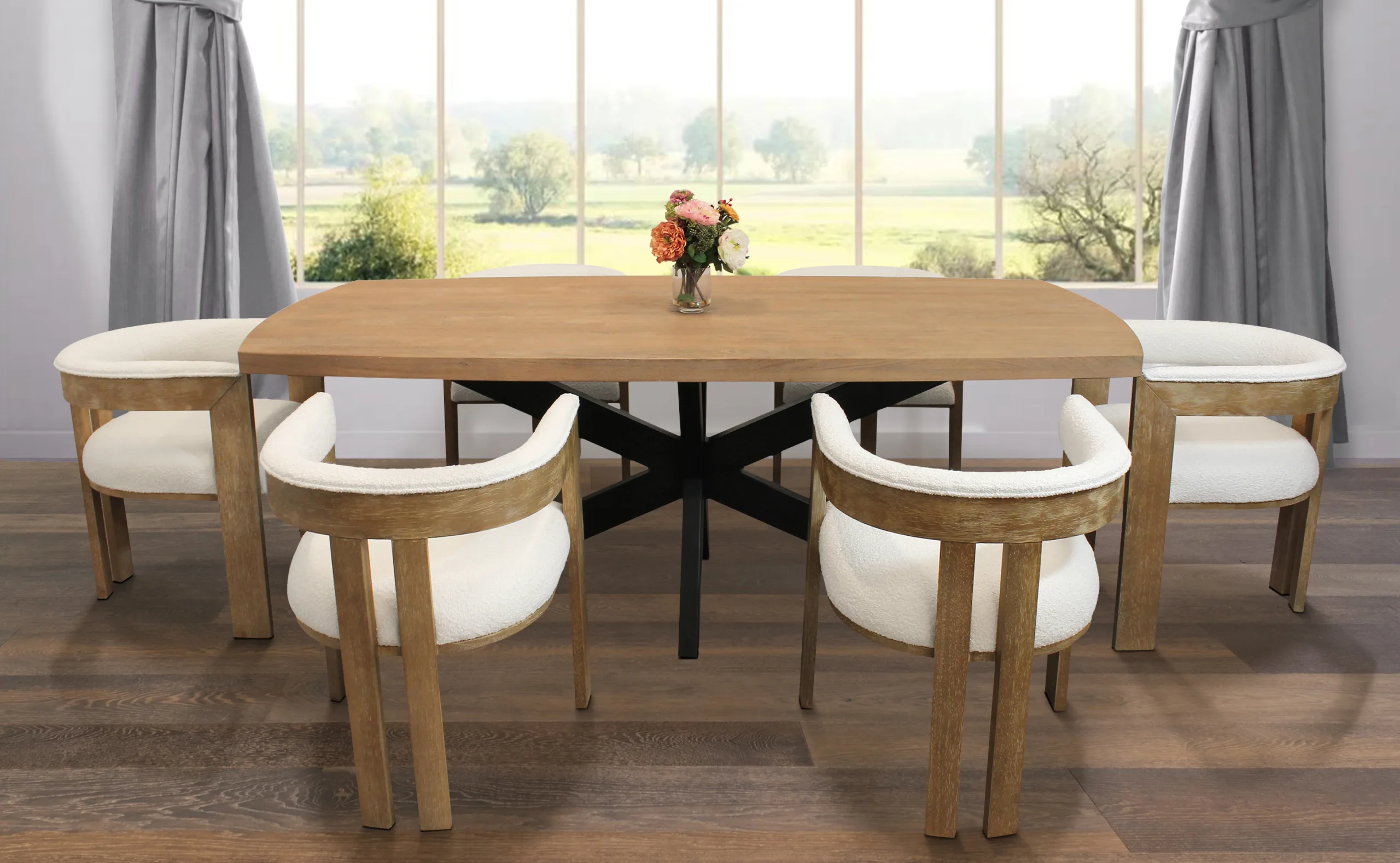 Damian 7-Piece Set with 82" Table And 6 Trident Boucle Chairs - Ivory