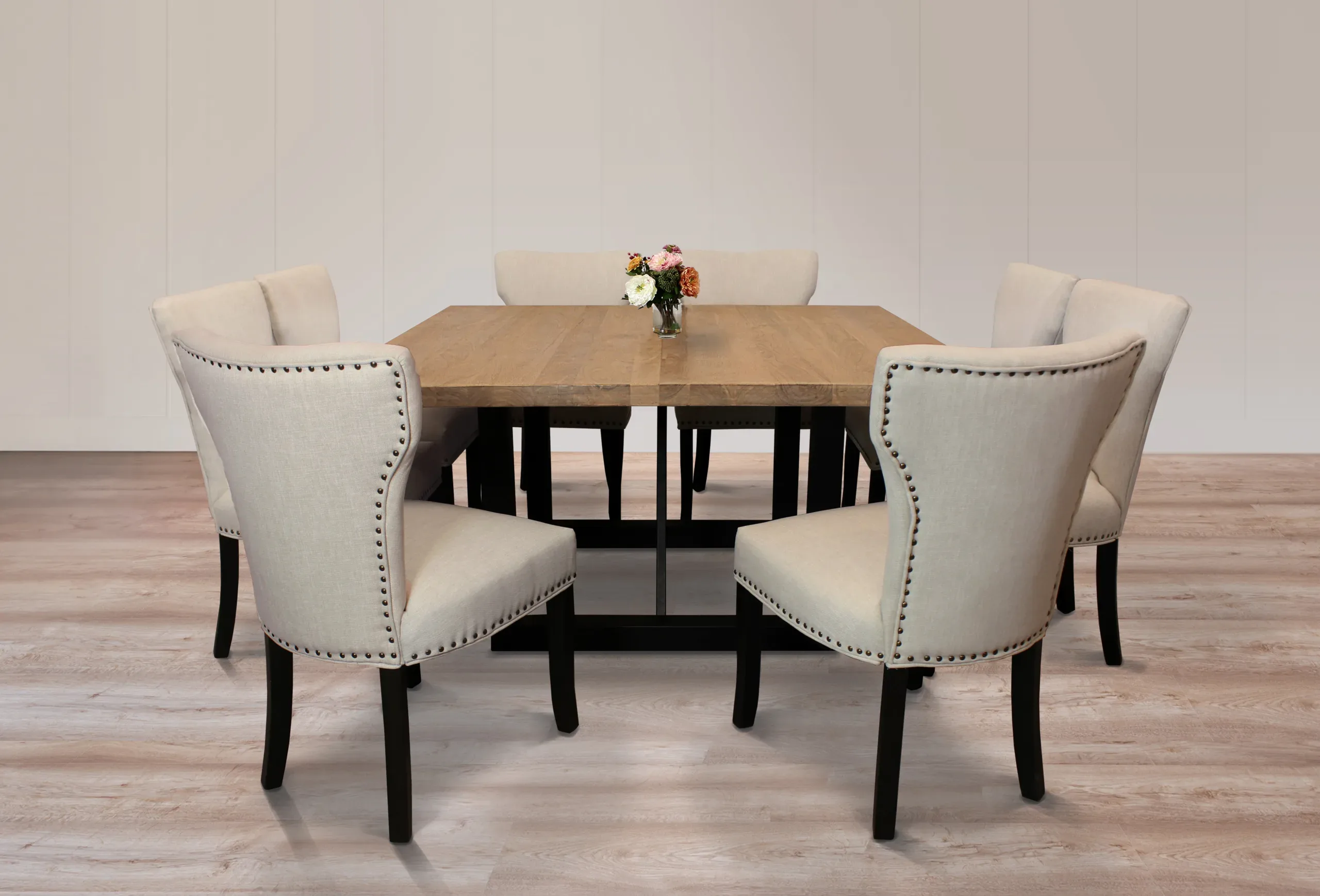 Damian 9-Piece Dining Set with 8 Howell Chairs - Ivory with Antique Brown Legs