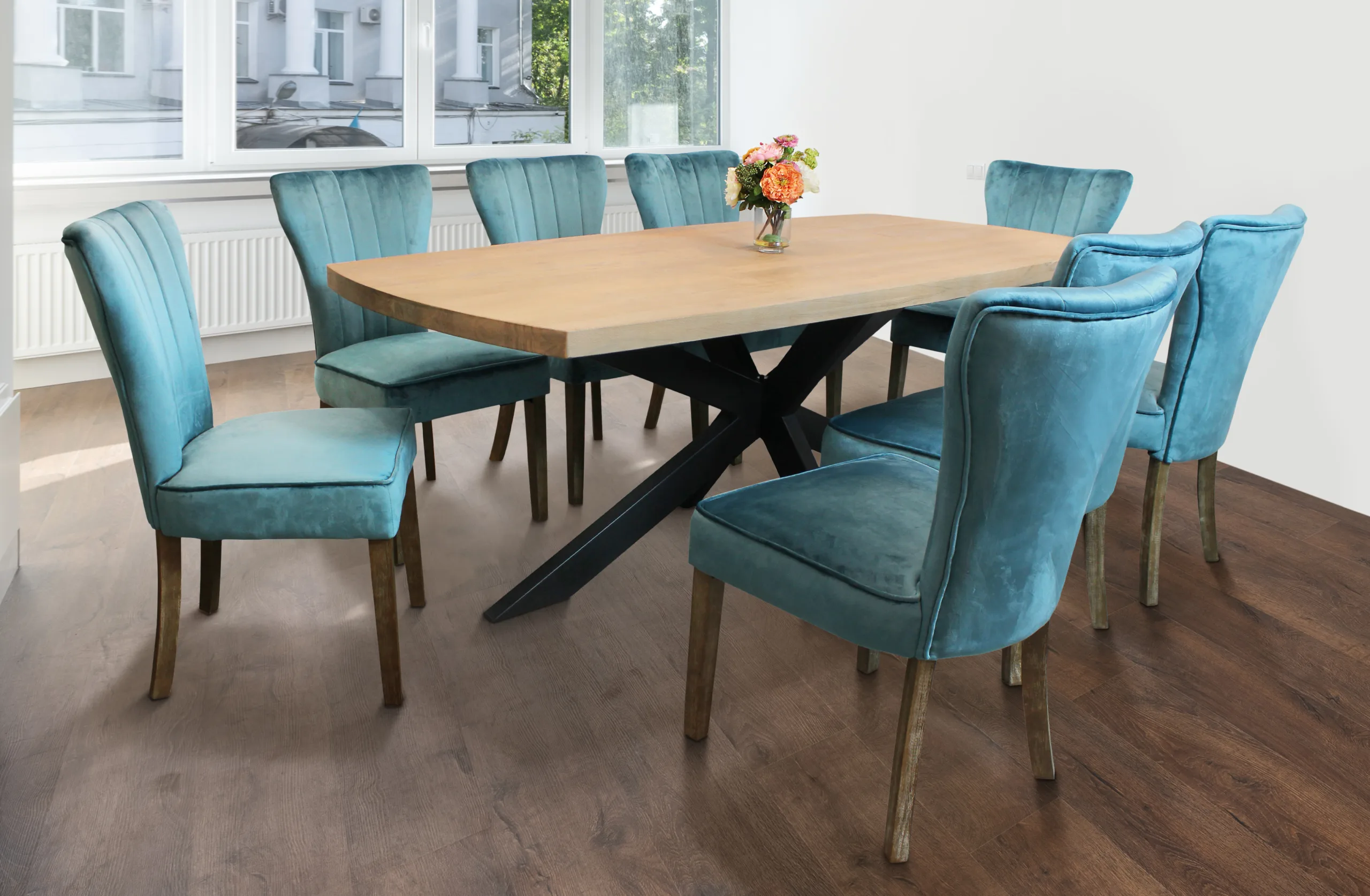 Damian 9-Piece Dining Set with 8 Clive Velvet Chairs - Teal